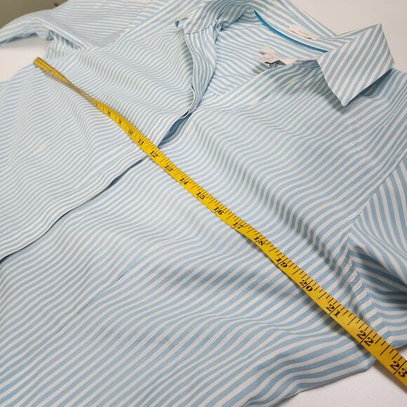 Chicos Womens No Iron Striped Shirt Large Blue White Metallic Stripe 3/4 Sleeves - Picture 7 of 8
